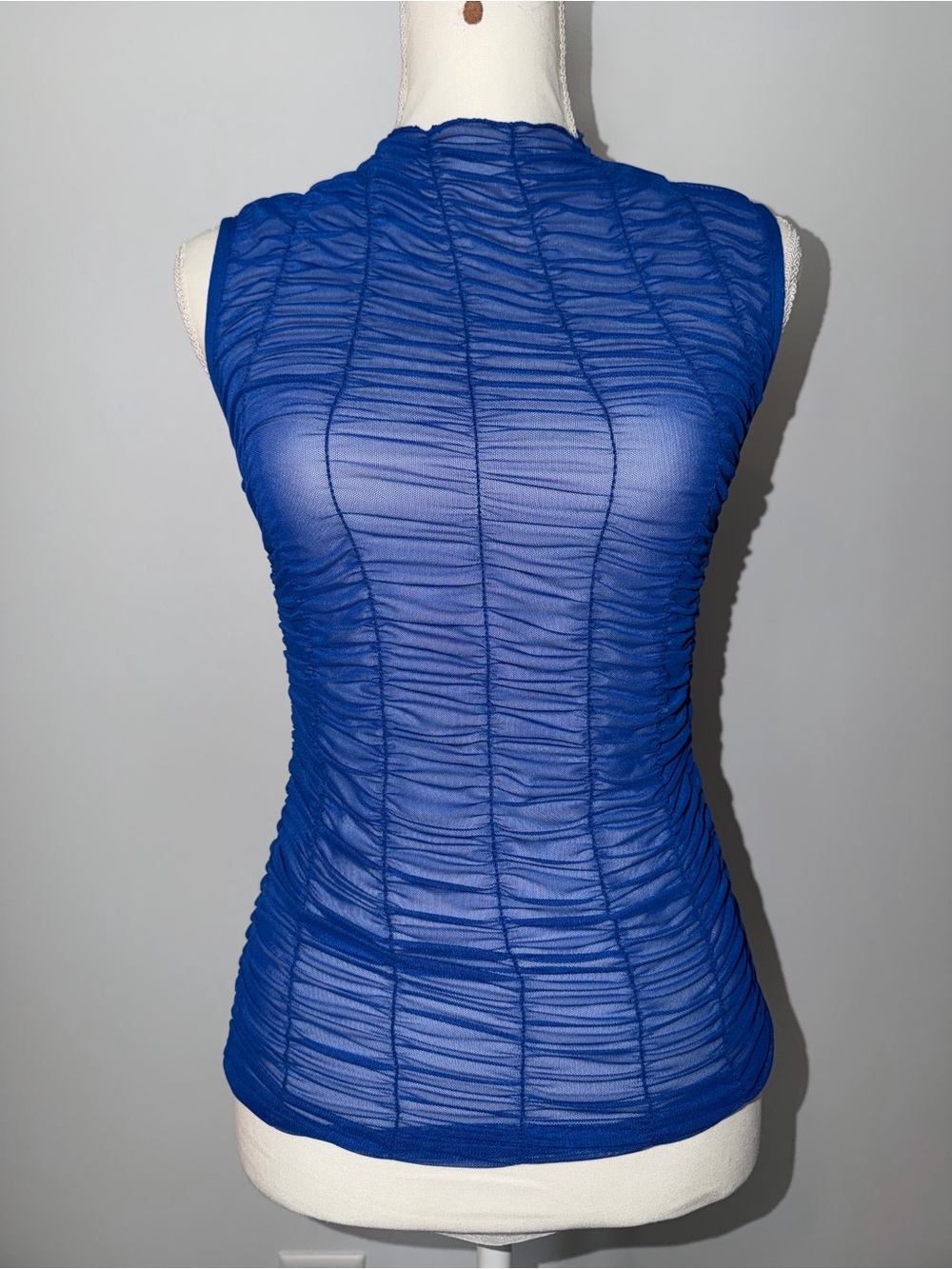 Topshop Ruched Mesh Tank Top Mid Blue